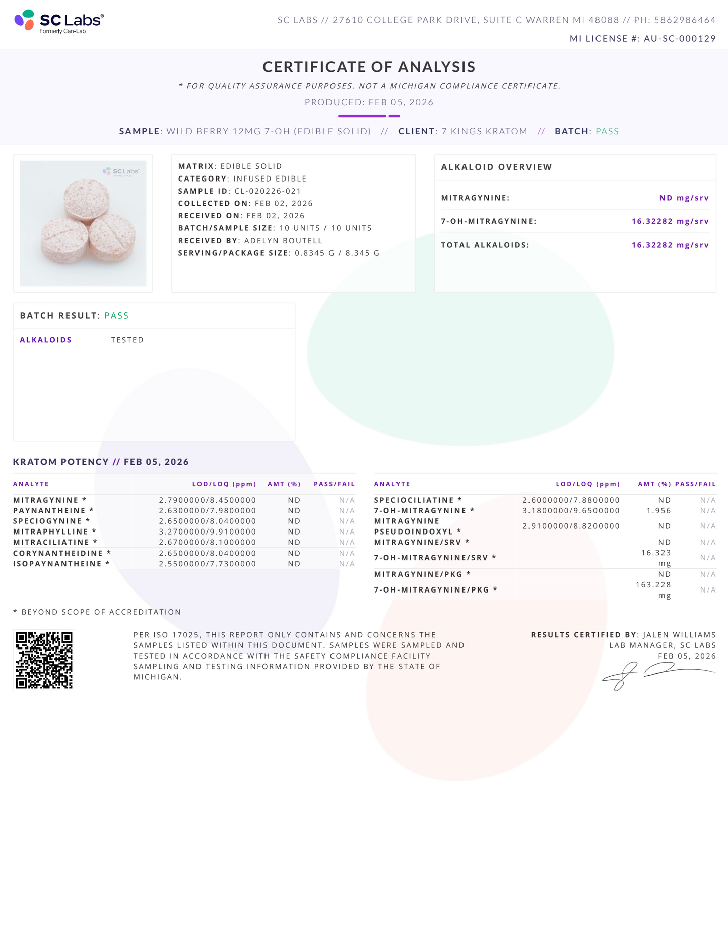12mg (7-OH) Wild Berry Dolla Tablets (Tested: 16.32mg)