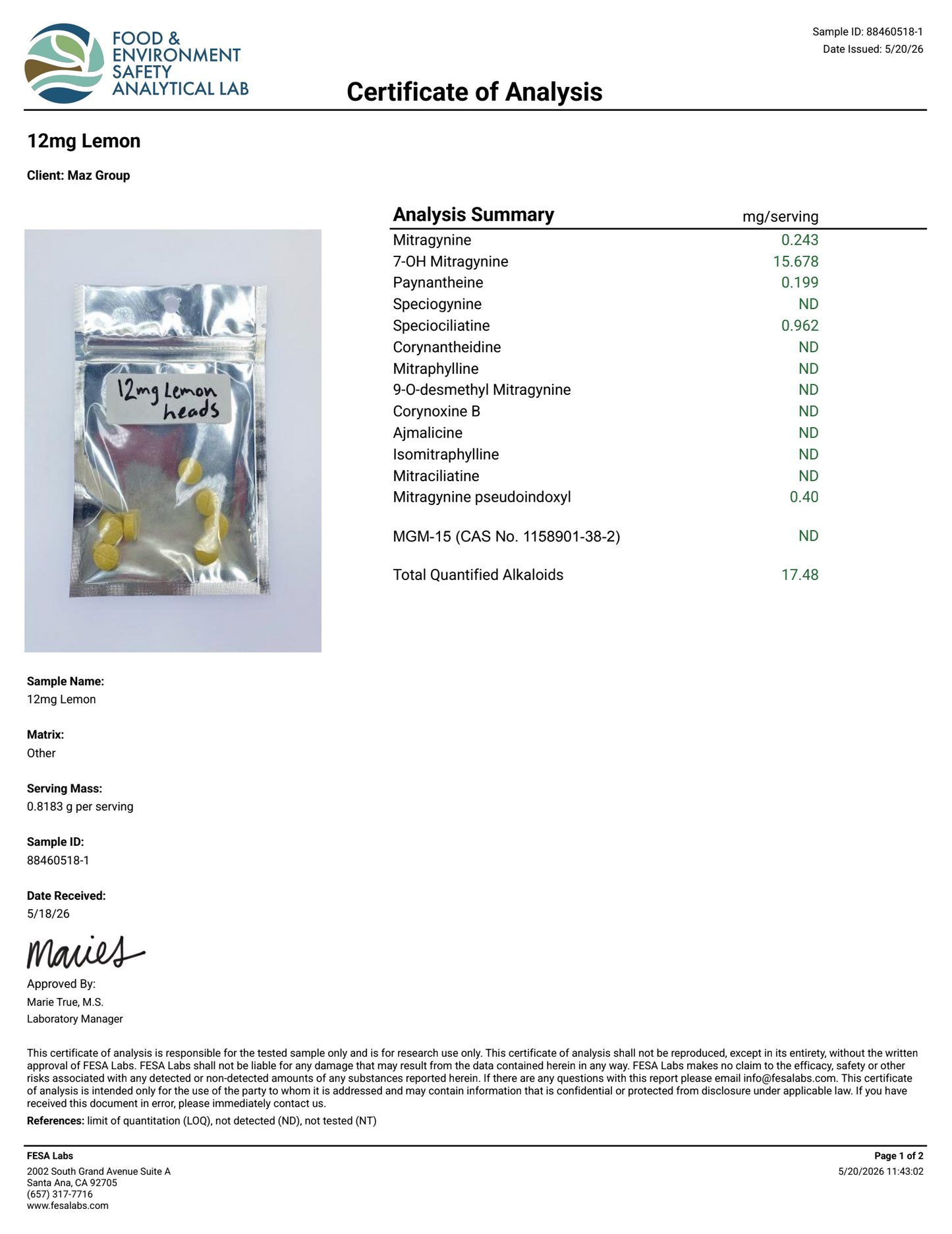 12mg Dolla Lemon Headz (7-OH) (Tested: 17.48mg)