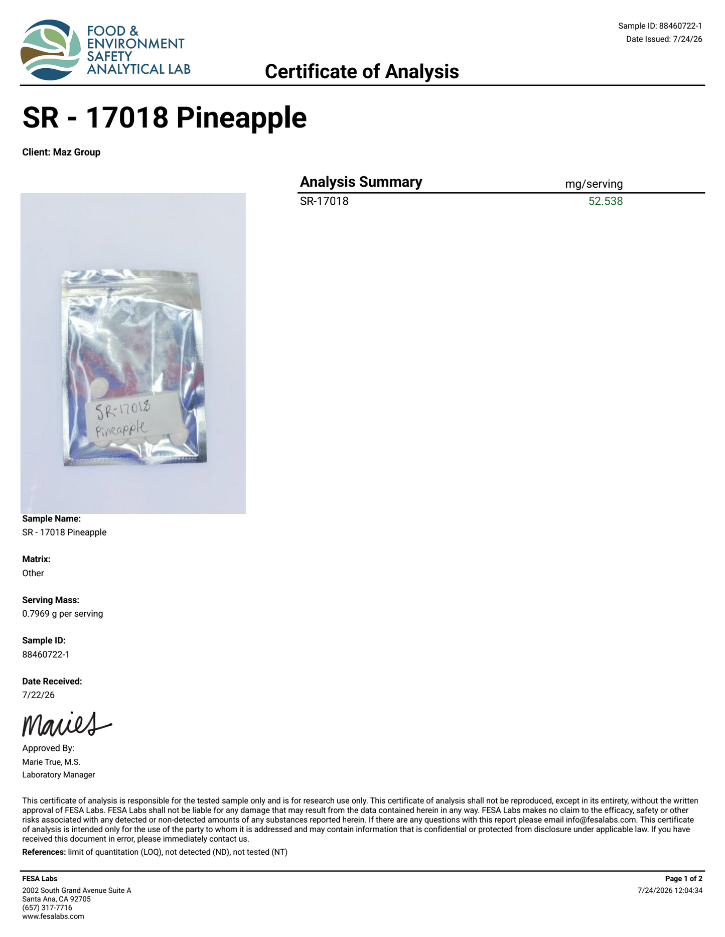 50mg SR-17018 Pineapple Tabs (tested: 52mg)