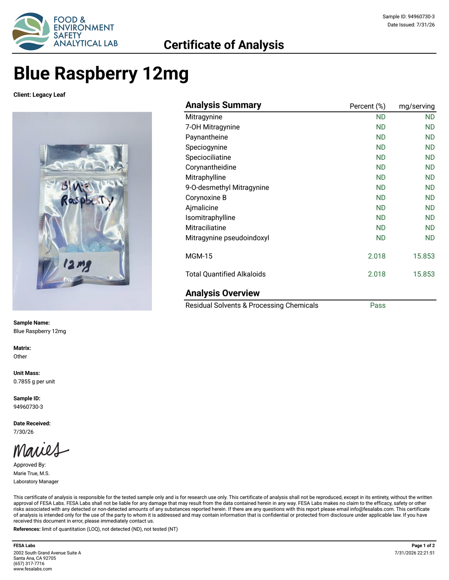 12mg MGM-15 Blue Raspberry (Tested: 15.8.mg)