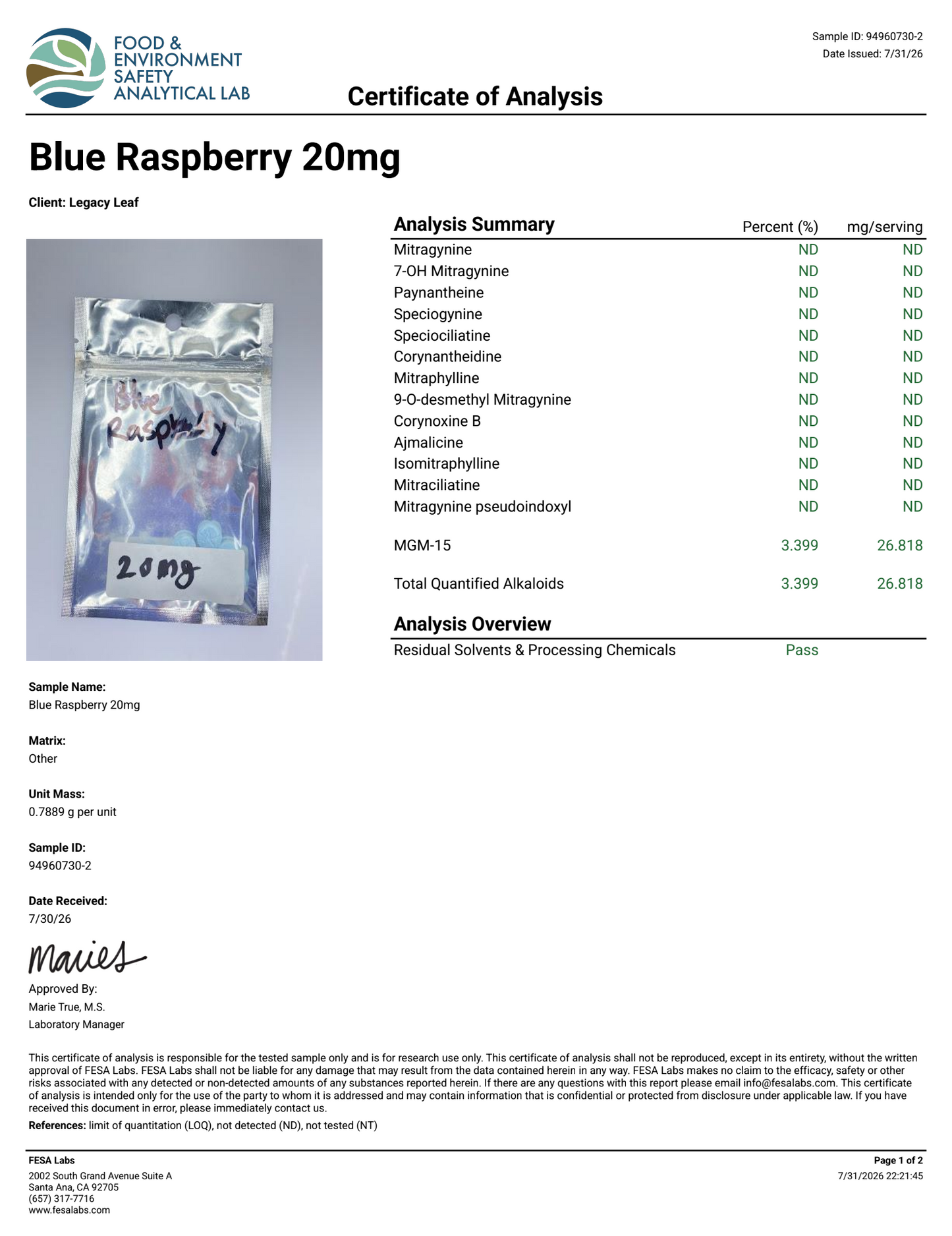 20mg MGM-15 Blue Raspberry (Tested 26.8mg)