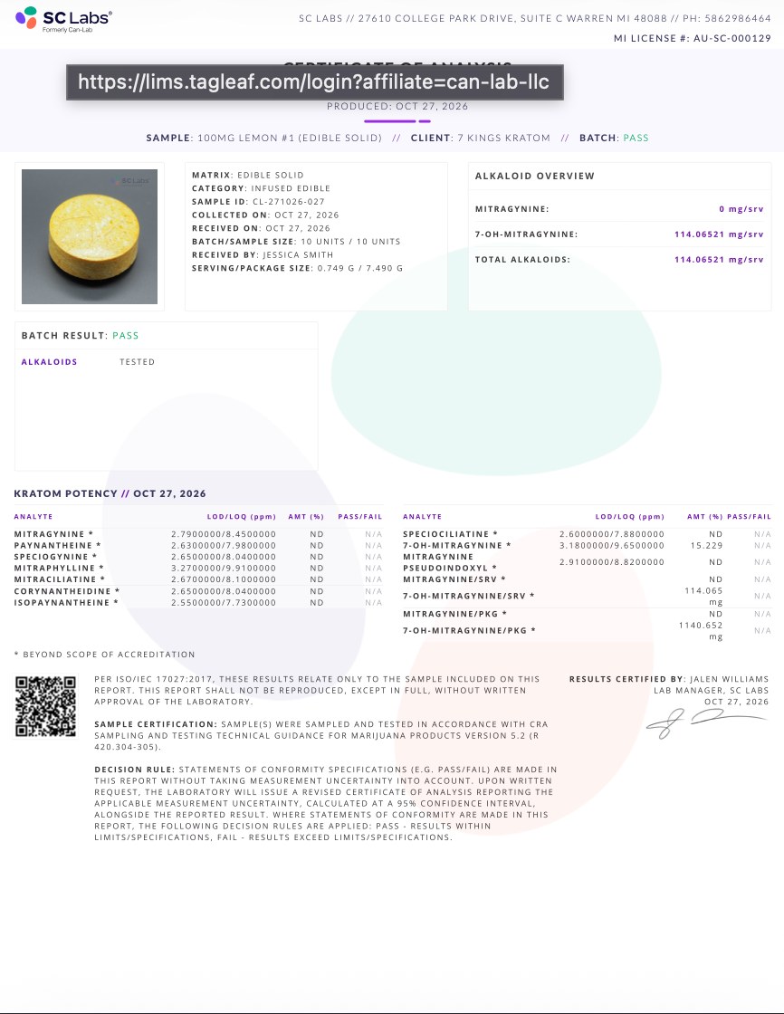 100mg Lemon Headz (7-OH) (Tested: 114mg)